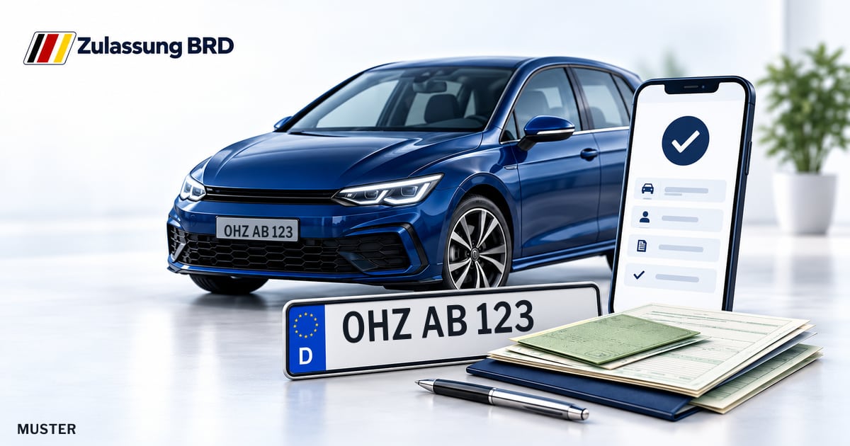 Online Fahrzeugzulassung in Landkreis Osterholz: Musterkennzeichen OHZ AB 123, Auto und Fahrzeugpapiere und Smartphone. Illustration mit Logo von Zulassung BRD.